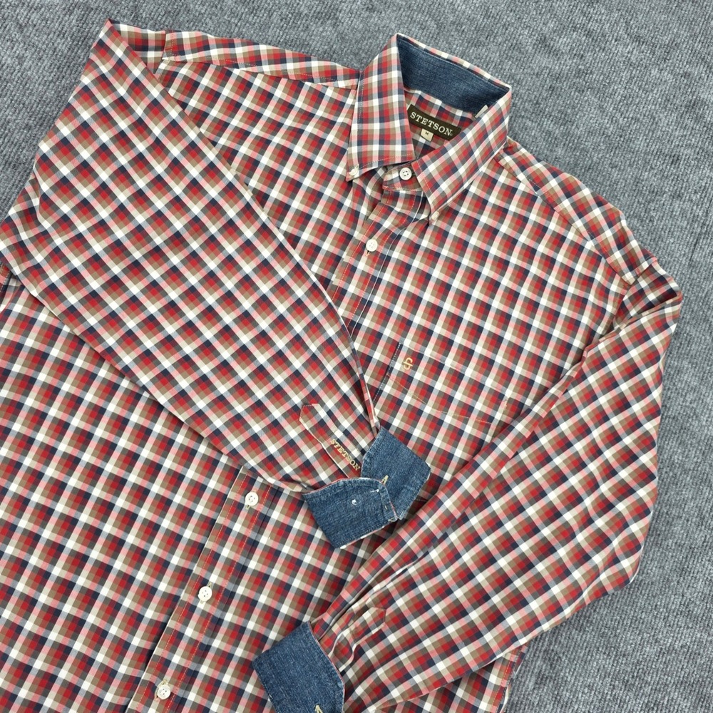 Stetson Mens Medium Plaid Button Down Shirt Red Blue Western Denim Trim Flaw